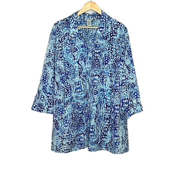 Catherines 3X 26/28W Blue Leopard Collared Button Front Shirt Top Blouse Plus - Picture 1 of 3